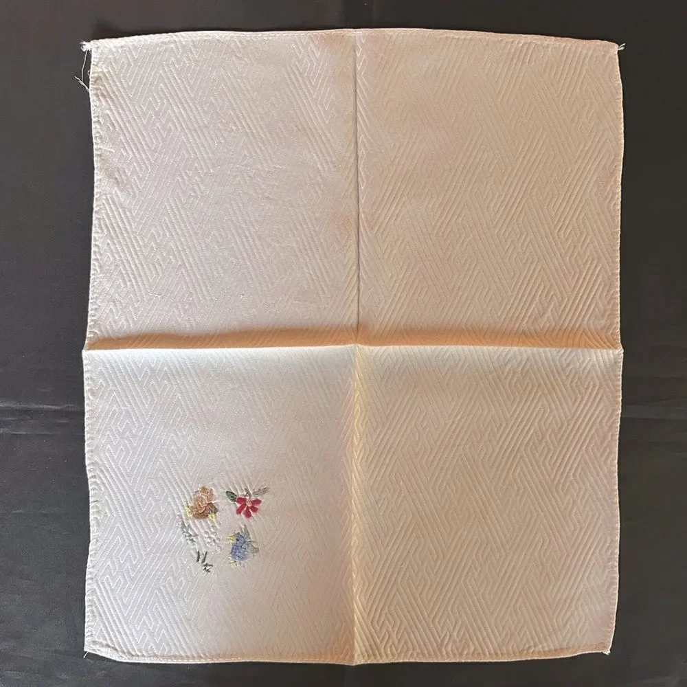 Vintage Bird Motif Embroidered Cream Silk Napkin